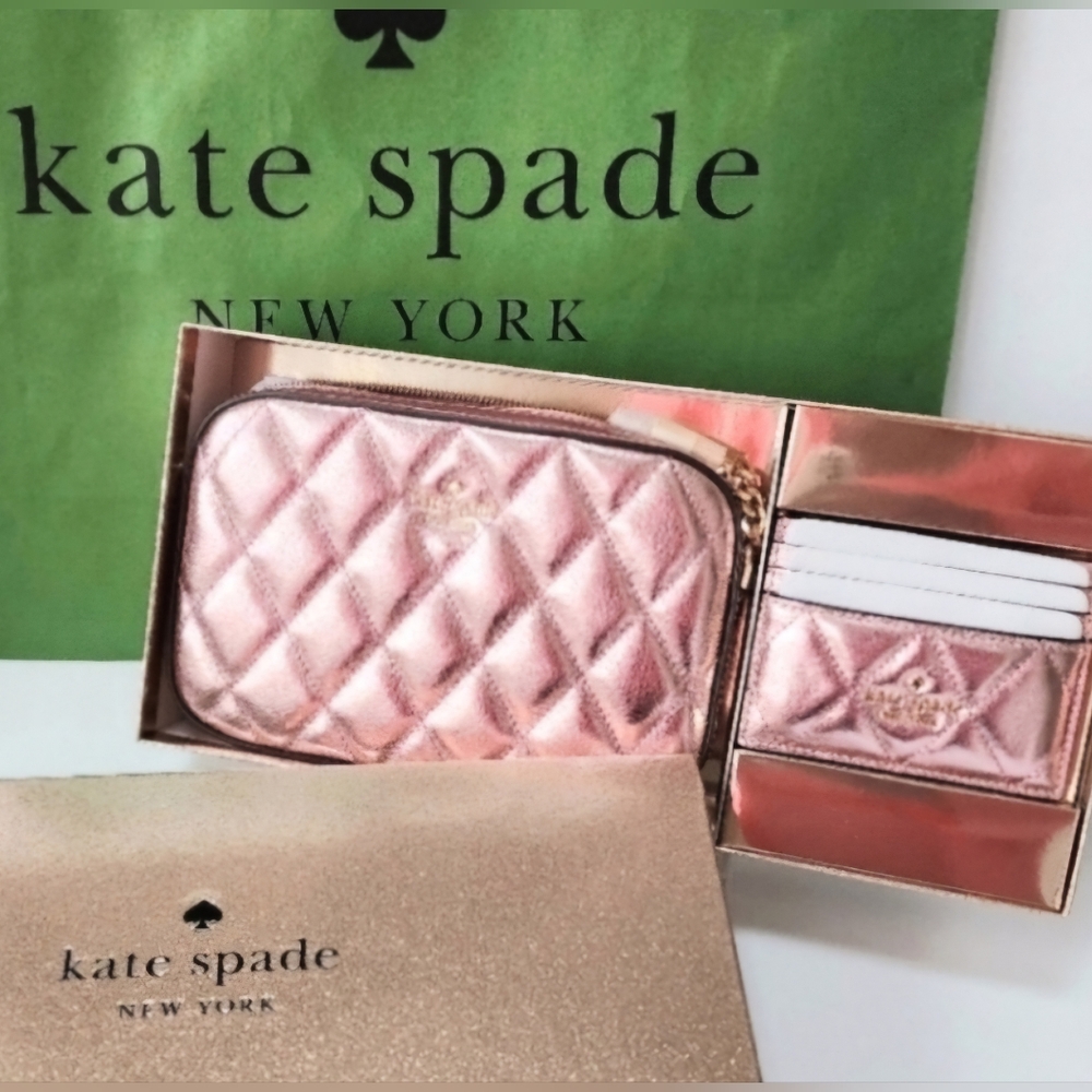 Kate Spade Glimmer Quilted Metallic Mitten Pink LEATHER Boxed Crossbody …